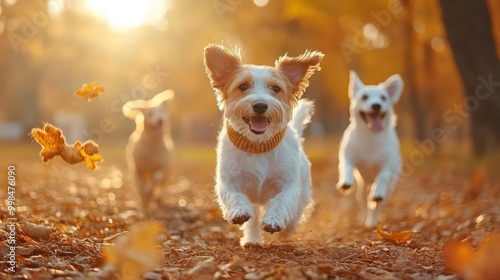 Group of dogs playing with eco-friendly toys in a dog park, sustainable pet care business