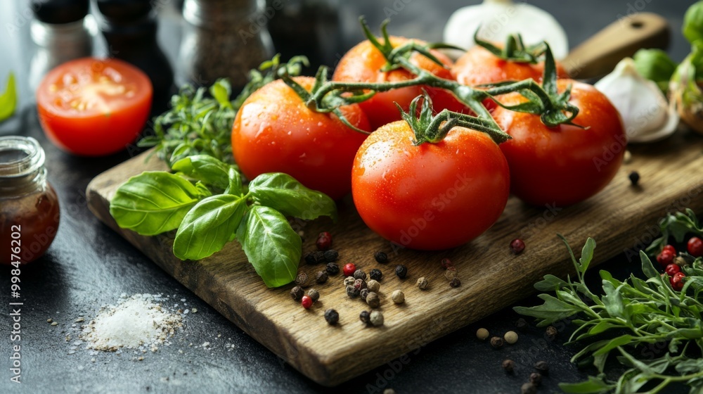 A vibrant display of ripe red tomatoes on a wooden cutting board, surrounded by fresh herbs and spices, emphasizing the freshness and color of ingredients for a delicious meal A vibrant display of ripe red tomatoes on a wooden cutting board, surrounded by fresh herbs and spices, emphasizing the freshness and color of ingredients for a delicious meal
