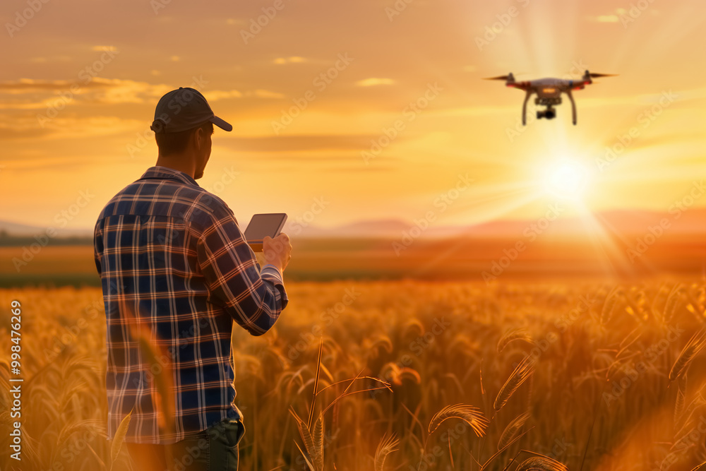 Farmer operating agricultural drone in field at sunset. Farmer operating agricultural drone in field at sunset.