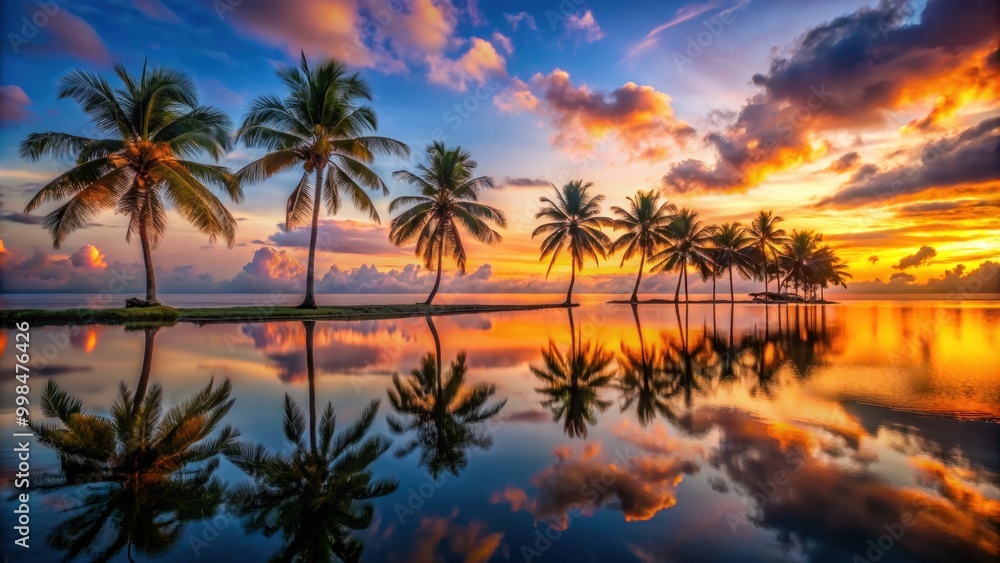 Vibrant tropical sunset with palm trees reflecting on calm waters, sunset, vibrant, tropical, palm trees, reflecting Vibrant tropical sunset with palm trees reflecting on calm waters, sunset, vibrant, tropical, palm trees, reflecting