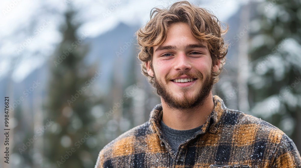 The portrait shows a young man in his 20s enjoying a winter outdoor trip in the mountains with a Caucasian male in front of a snow-covered mountain The portrait shows a young man in his 20s enjoying a winter outdoor trip in the mountains with a Caucasian male in front of a snow-covered mountain