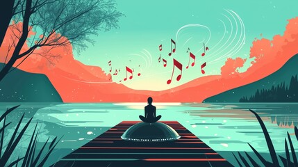 Gordijnen Koraalgroen Tranquil Lakeside Illustration with Musical Notes  © Arora Chan