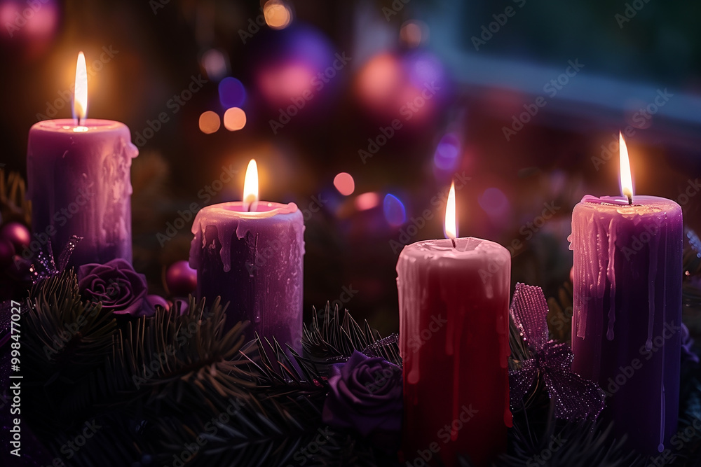 Four lit purple advent candles with bokeh lights represent the timeless Christmas tradition in Catholic faith. Four lit purple advent candles with bokeh lights represent the timeless Christmas tradition in Catholic faith.