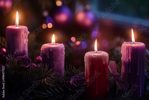 Four lit purple advent candles with bokeh lights represent the timeless Christmas tradition in Catholic faith.