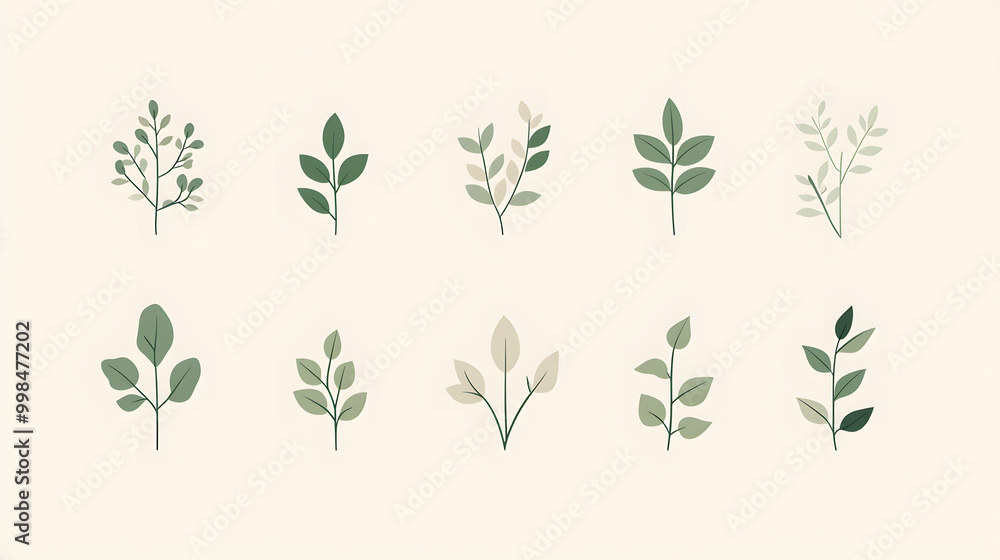 Simple pastel plant set of icons with rounded leaves and soft green tones placed on a light background Simple pastel plant set of icons with rounded leaves and soft green tones placed on a light background