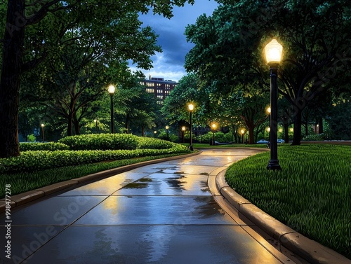 A path through a tranquil park, vibrant trees, and glowing streetlights showing â€œ2025,â€ watercolor sunset, [nature's future], [urban green journey]