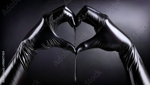 Glossy shiny black kinky latex pvc , full length long gloves, woman's hands forming a heart shape on a dark background, luxury high end, elegant, erotic romance, and fetish, bondage, bdsm, kink theme