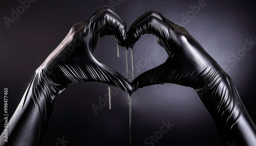 Glossy shiny black kinky latex pvc , full length long gloves, woman's hands forming a heart shape on a dark background, luxury high end, elegant, erotic romance, and fetish, bondage, bdsm, kink theme