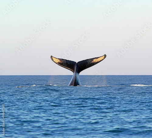 A Stunning View of a Whale Tail in a Serene Ocean Setting photo