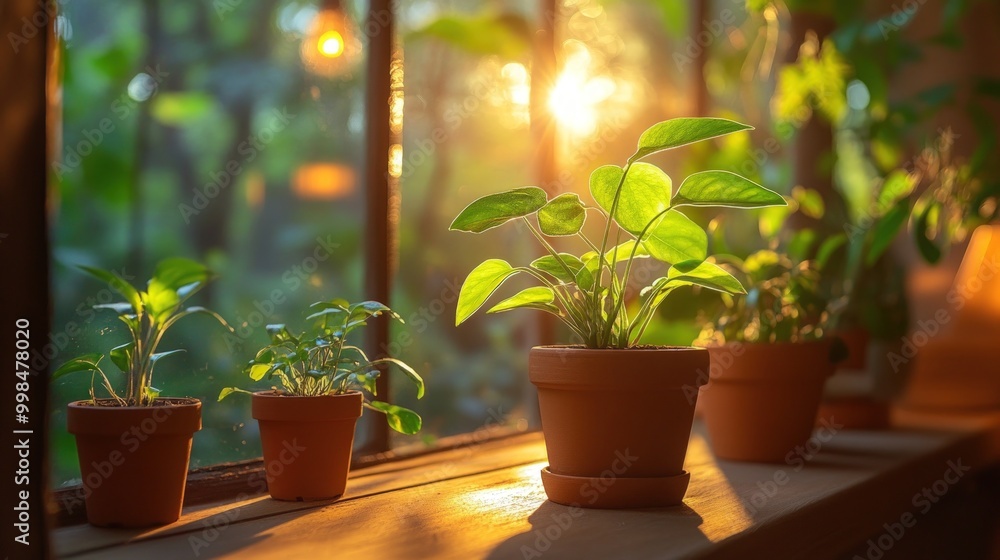 Potted plants on a window sill with sun shining through. Potted plants on a window sill with sun shining through.
