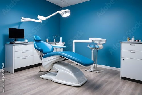 interior of a blue dental office with an armchair photo