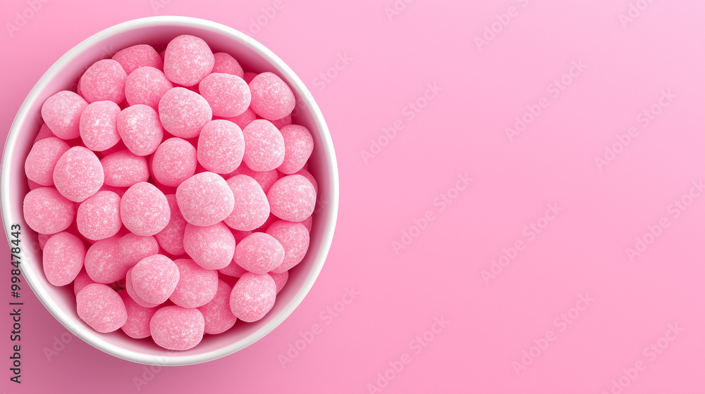 Top view of a bowl filled with pink candy balls against pink background with copy space Top view of a bowl filled with pink candy balls against pink background with copy space