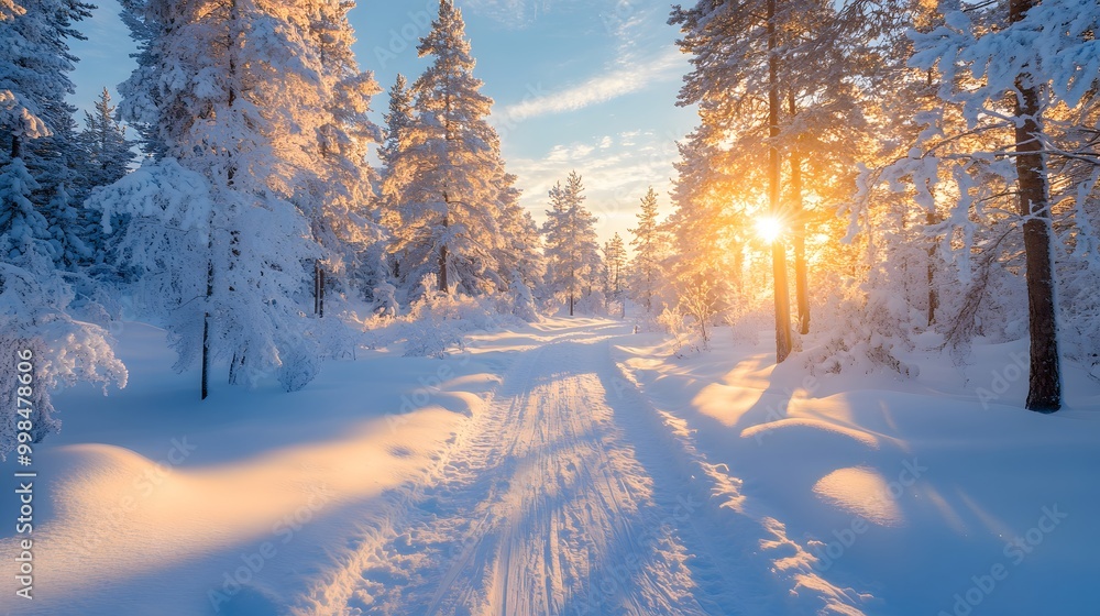 Winter wonderland scene with a snowy forest path, bright blue sky, and sunlit snow, highlighting pristine white landscape and peaceful nature in a winter setting. Winter wonderland scene with a snowy forest path, bright blue sky, and sunlit snow, highlighting pristine white landscape and peaceful nature in a winter setting.