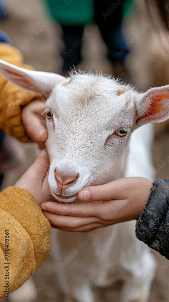 Children petting a baby goat at the petting zoo, laughing and joyful, stock photo style Children petting a baby goat at the petting zoo, laughing and joyful, stock photo style