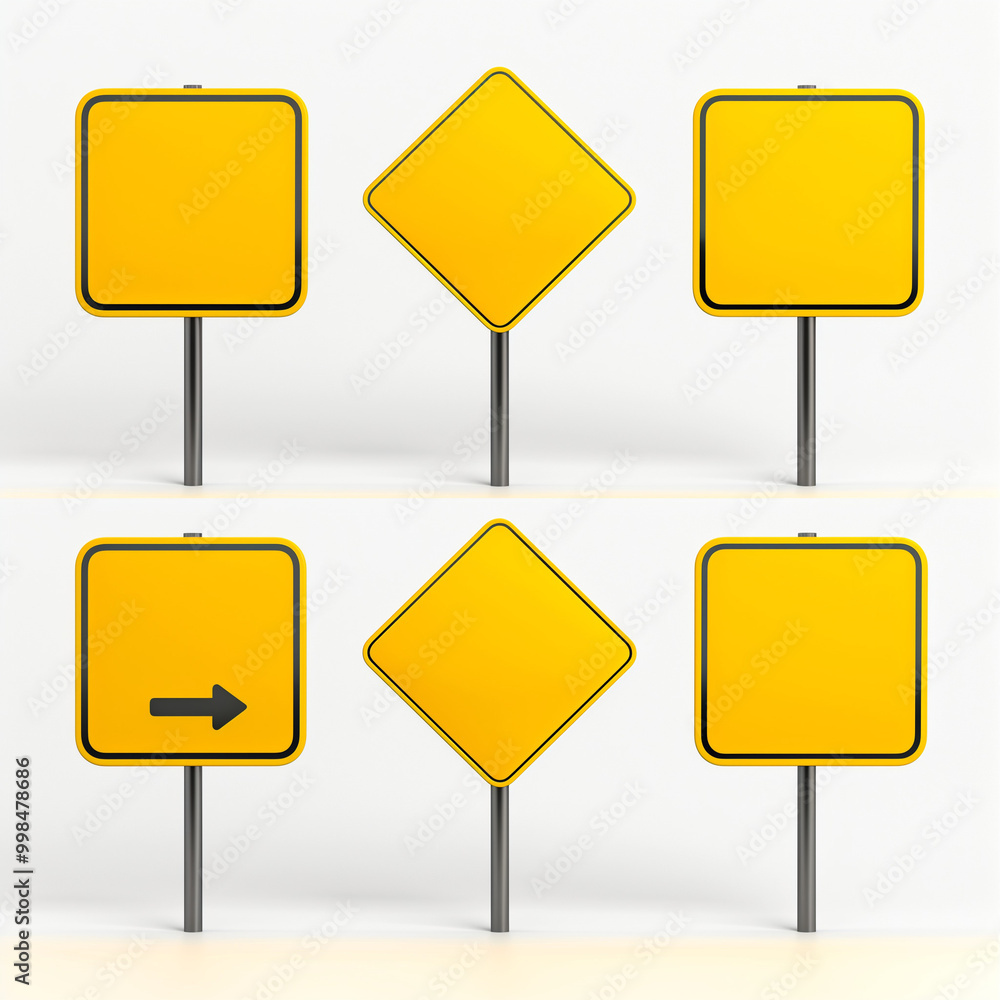 Set of blank yellow road signs with square and diamond shapes on white background Set of blank yellow road signs with square and diamond shapes on white background