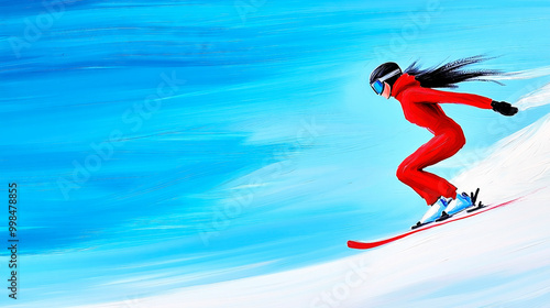 Female skier going downhill on a blue sky background