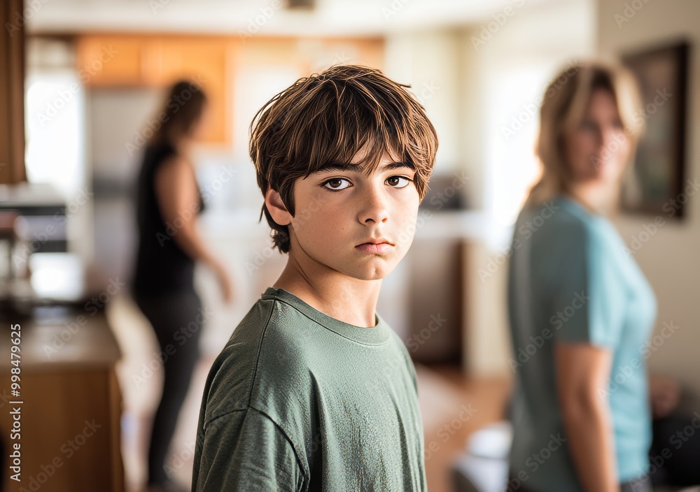 Fototapeta premium Family photo of young boy with family in a kitchen, close up focus, casual clothing, daytime