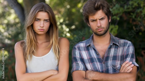 Arms folded couple in nature with frown expressions portrait image. Caucasian woman man wearing casual summer clothing picture photorealistic. Tense relationships concept photo realistic