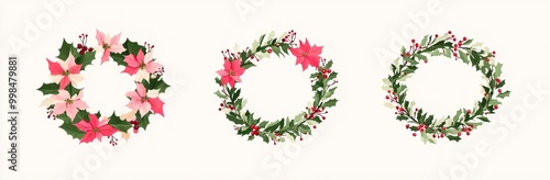 Christmas decoration set of floral wreaths isolated on transparent background.