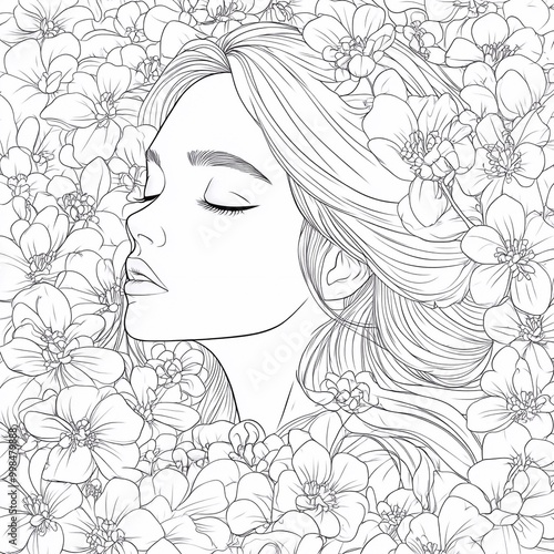 Beautiful girl with flowers. Coloring page with a beautiful girl with flowers. Coloring book antistress for children and adults.