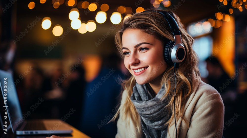 Young Woman with Headphones Smiling While Using Laptop in a Warmly Lit Cafe Young Woman with Headphones Smiling While Using Laptop in a Warmly Lit Cafe