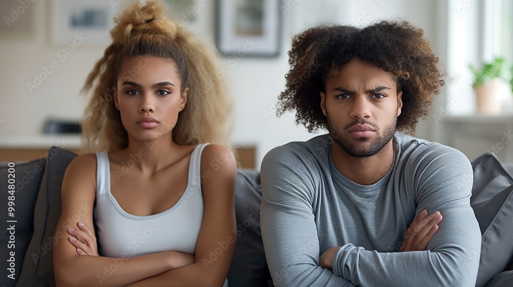 Obraz premium Black couple sits side by side on couch with arms crossed portrait image. Serious expressions woman man african american picture photorealistic. Relationships concept photo realistic