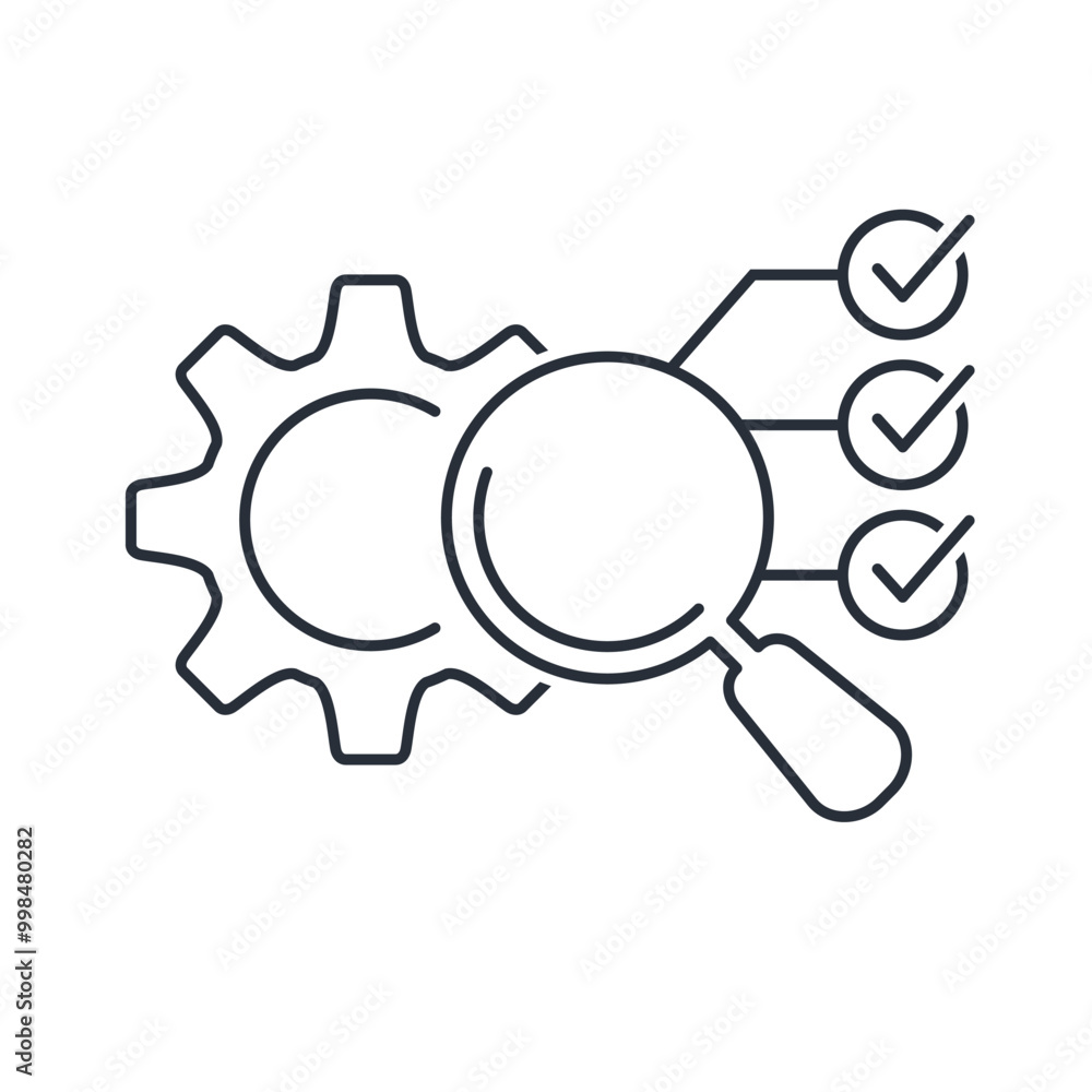 Checking the configuration. Completion and approval of tasks, settings in systems or software. Vector linear icon isolated on white background. Checking the configuration. Completion and approval of tasks, settings in systems or software. Vector linear icon isolated on white background.