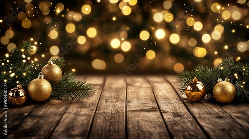 Table, raw wood, and light ball on Chrismas tree background