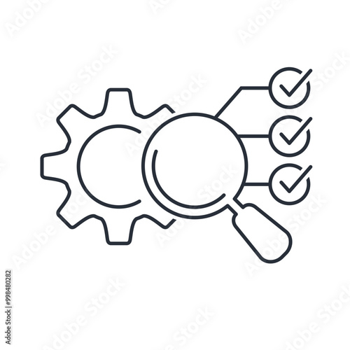 Checking the configuration. Completion and approval of tasks, settings in systems or software. Vector linear icon isolated on white background.