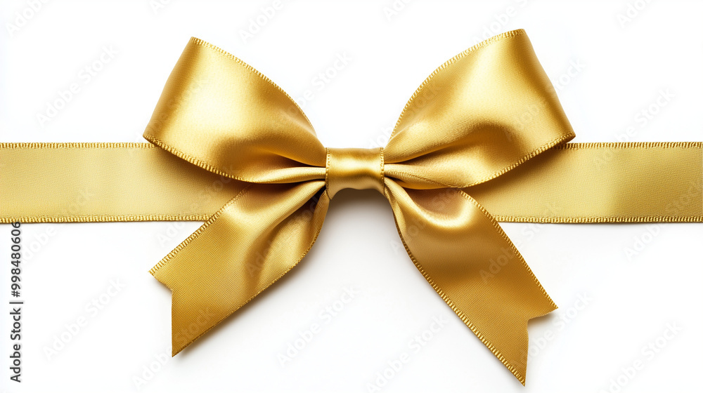Golden satin ribbon with bow isolated on white background, top view. Golden satin ribbon with bow isolated on white background, top view.