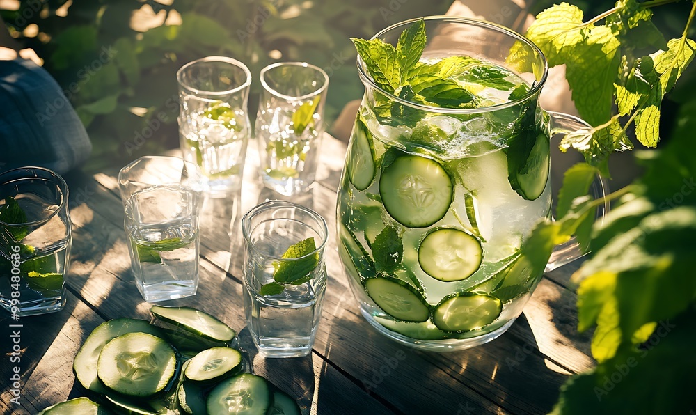 Fototapeta premium Fresh Iced Cucumber Water with Mint on Picnic Table Under Bright Summer Sunlight
