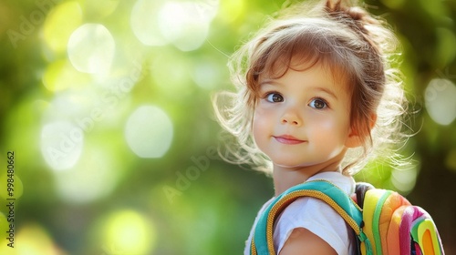 Scene showing a child preparing for their first day of school with a new, colorful backpack, a fresh outfit, and a lunchbox