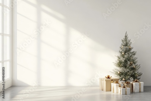 An empty white wall and wooden floor background form the background of this 3D rendering of a modern interior room with a Chrismas tree. This interior picture can be used for advertising or as a