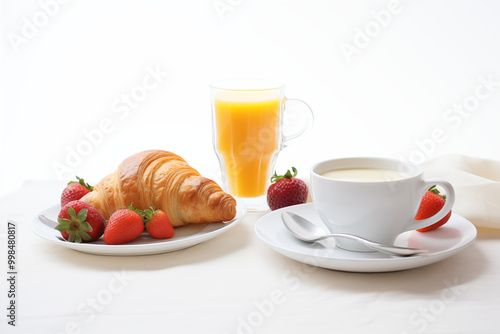  A close-up shot of a flaky golden croissant on a white plate, paired with a steaming cup of coffee and a glass of fresh orange juice. The setting is a bright, minimal breakfast table 