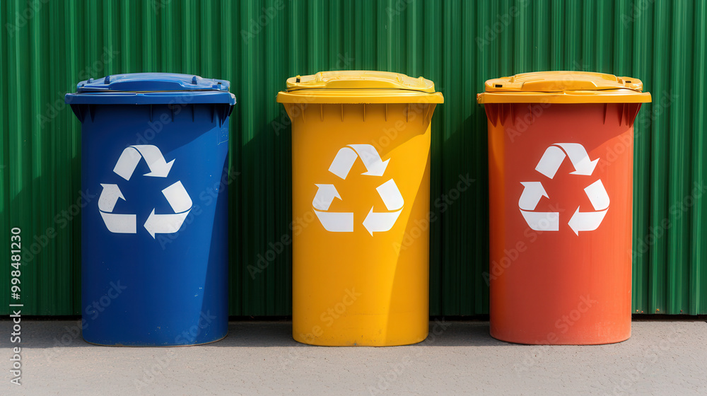 A 3D recycle bin icon in blue,yellow and red, representing an eco-friendly container for waste, symbol A 3D recycle bin icon in blue,yellow and red, representing an eco-friendly container for waste, symbol