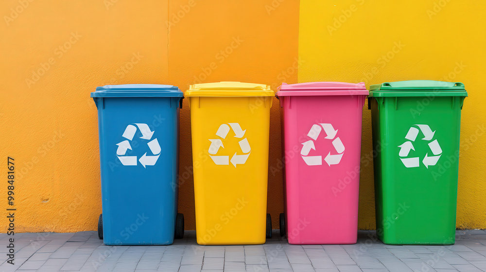 Colorful recycling bins with green, red, blue, and yellow labels, isolated on white background Colorful recycling bins with green, red, blue, and yellow labels, isolated on white background