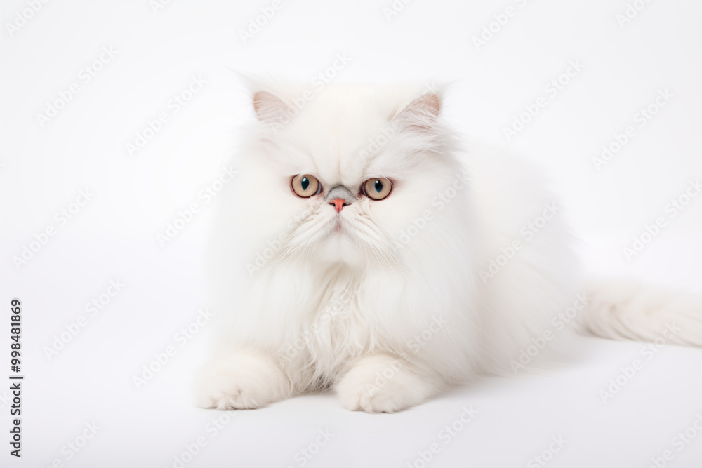 close-up shot of a Persian white cat with kitten ,fluffy fur, piercing blue eyes, soft pink nose. The cat's fur is perfectly groomed, with the individual strands of hair visible, on white background close-up shot of a Persian white cat with kitten ,fluffy fur, piercing blue eyes, soft pink nose. The cat's fur is perfectly groomed, with the individual strands of hair visible, on white background