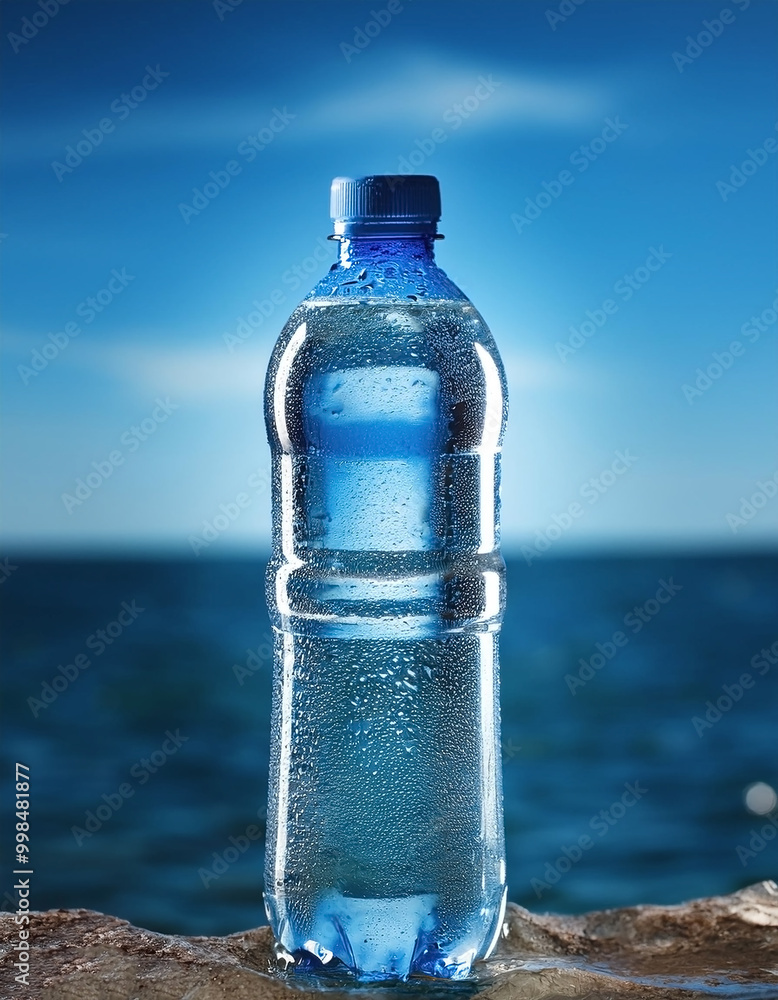 Mineral water bottle on sea blue background Mineral water bottle on sea blue background