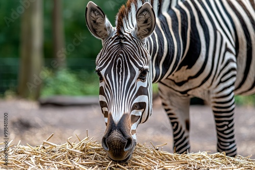 Close-up of a zebra grazing in the zoo, striped coat glowing in the sunlight, stock photo style photo