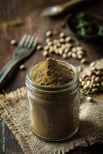 Coriander Powder in Mason Jar on Burlap Cloth with Vintage Utensils and Whole Seeds in Background