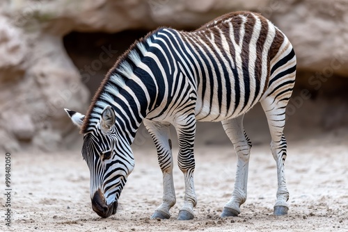 Close-up of a zebra grazing in the zoo, striped coat glowing in the sunlight, stock photo style