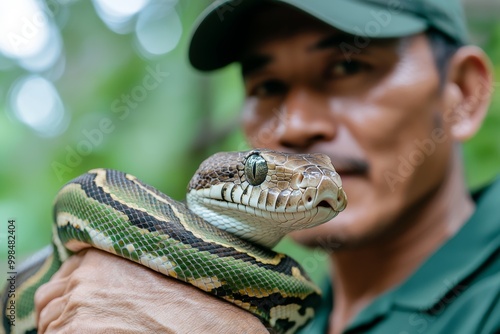 Zoo keeper giving a tour of the reptile house, holding a snake for visitors to see, stock photo style photo