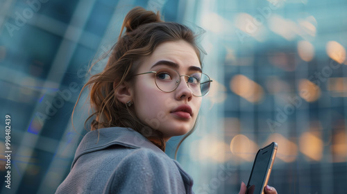 A beautiful woman in glasses with a phone on a blurred office building background, wearing a gray jacket and having brown hair, in the style of business concept.