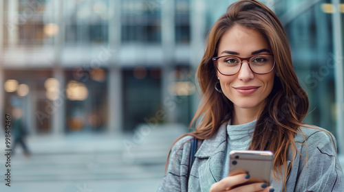 A beautiful woman in glasses with a phone on a blurred office building background, wearing a gray jacket and having brown hair, in the style of business concept.