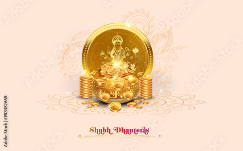 Happy Dhanteras, Maa lakshmi with golden coins background. photo