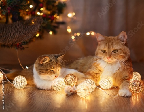 Neugierige Katzen mit Weihnachtskugeln und Lichterketten – Perfekte Weihnachtsstimmung mit Haustieren  photo