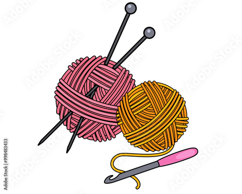 Crochet hook, knitting needles and threads - vector full color illustration. Balls of yarn and knitting tools. Set for handmade, hand knitting.