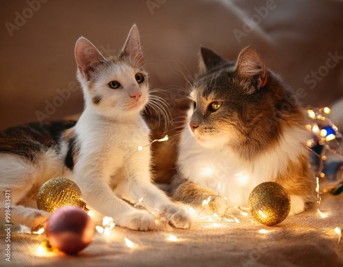 Neugierige Katzen mit Weihnachtskugeln und Lichterketten – Perfekte Weihnachtsstimmung mit Haustieren  photo