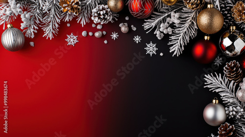 Festive arrangement of Christmas decorations including ornaments, pinecones, and frosted foliage on a vibrant red and black background