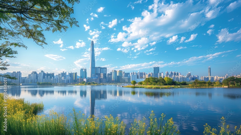 Naklejka premium A tranquil lake reflecting a modern city skyline with lush greenery and a bright blue sky.